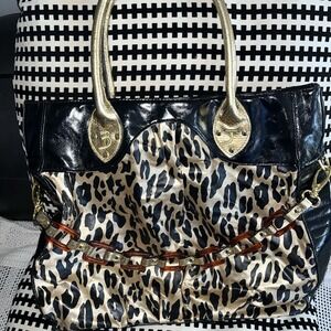 Betsey Johnson Vintage Y2K Travel Bag Betseyville Leopard Print Tortoise Chain